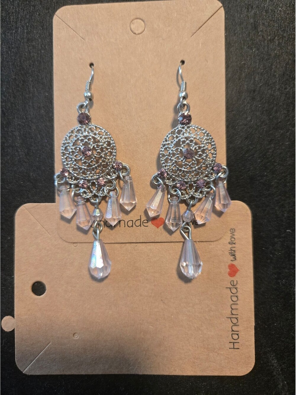 Handmade Silver Dangle Earrings with Purple Beads